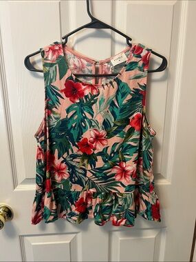 Everly Pink Floral Peplum Tank with Green Leaf Print
